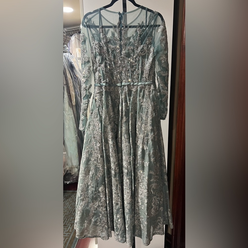 Bow belt illusion teal length evening gown - Picture 9 of 10
